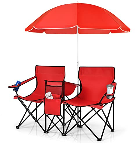 TANGZON Double Camping Chair, Portable Folding Loveseat Chair with Umbrella and Carry Bag, Outdoor Leisure Lover Chairs for Finishing, Picnic, Travel, Hiking, Beach and BBQ (Red)