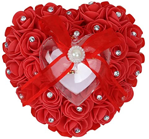 Surakey Blanc Coussin Porte-alliances en Forme de cœur Boîte à bagues de Mariage personnalisée Romantique Roses et Ruban Boîte à alliances Porte-Bijoux pour Mariage, Plastique, Rouge