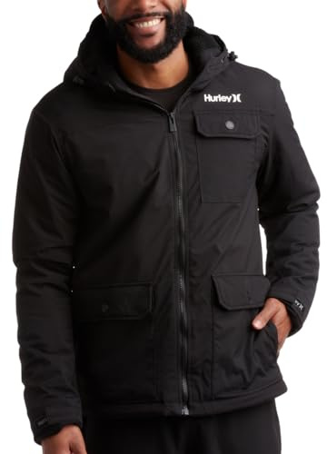 Hurley Mens Winter Jacket - Warm Zip Up Hooded Parka Sherpa Lined Jackets For Men with Multiple Pockets (Sizes S-XL), Size Large, Black
