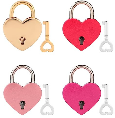 4 Pack Heart Shape Lock Key Padlock Mini Heart Locks with Keys Heart Metal Padlock Alloy Heart Lock with Keys for Baggage Diary Jewelry Box, 4 Colors