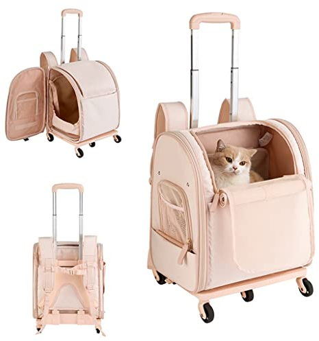Katzen-/Hundeträger-Rucksäcke mit Rädern, verbesserter Haustier-Rucksack, für Reisen, atmungsaktiv, Haustier-Trolley, Oxford-Stoff, Hundekäfig-Rucksack, tragbar, faltbar, Haustier-Trolley (Farbe: