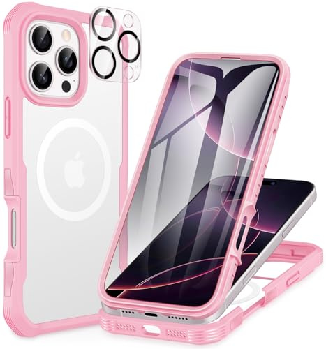 CENHUFO Compatible with iPhone 16 Pro Max Case Fits for Magsafe, Built-in Glass Screen Protector with Camera Lens Protector, 360 Full Body Protective Phone Case for iPhone 16 Pro Max 6.9 Inch -Pink