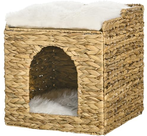 PawHut Rattan Katzenhaus, Katzenhöhle mit Kissen, Katzenbett mit 2 Ebenen, Katzenkorb, Katzenhütte für Katzen bis 5 kg, Wasserhyazinthengras, 37,5 x 37,5 x 41,5 cm, Braun