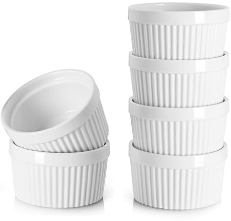 6 ramequines de porcelana para Creme Brulee, aptos para horno, estilo clásico para hornear cuencos de soufflé (blanco)