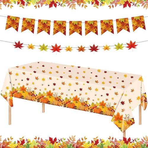 TOPJOWGA Mantel Otoñal, 137 x 274cm Calabazas Hojas de Arce Otoño Camino de Mesa, Mantel de Otoño de Calabaza, Decoración de Mesa de Cocina de Temporada, Decoración para Interior y Exterior