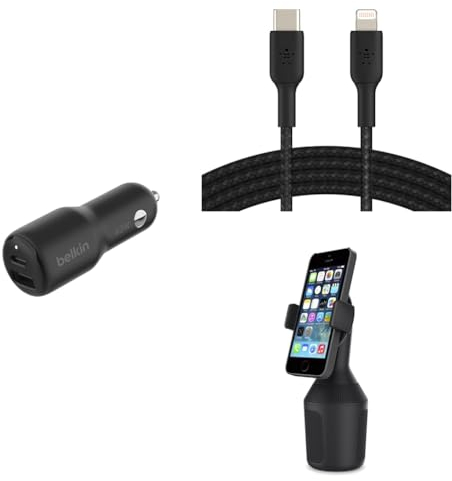 Belkin Premuim Car Bundle(42W Dual Port Fast Car Charger & USB-C to Lightning 1m Charging Cable & Car Cup Mount)