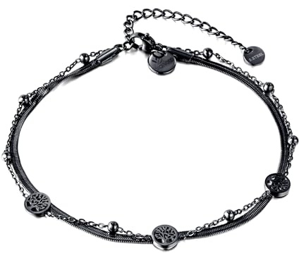 VICKWOOD Lebensbaum Fußkettchen für Damen bis 30cm Edelstahl - Armband Damen Gold 17cm Schwarz/Rosegold/Silver - Fussketten für Frauen Gold - Fußkette Damen