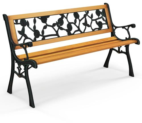 COSTWAY Banc de Jardin, Banc Extérieur en Bois, Banquette Jardin 3 Personnes avec Accoudoirs, Cadre en Métal Moulé, Motif de Fleur, Dossier en Plastique (Classique)