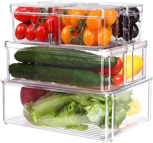 7 Pack Fridge Organisers,Stackable Fridge Storage,Salad Fruit Storage Containers for Fridge,Clear Fridge Storage Containers Drawers with Lids,Freezer Organiser Boxes for Vegetable,Berry,Kitchen