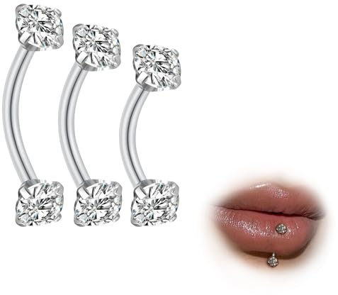ESHIONER G23 Titanio Ceja Piercing Joyería Rook Vertical Labret Barra Labial Tragus Labret Daith Anillo de la ceja Ojos de serpiente Piercing Lengua Bola de plata CZ 6mm 8mm 10mm 16g Banana 3 Piezas