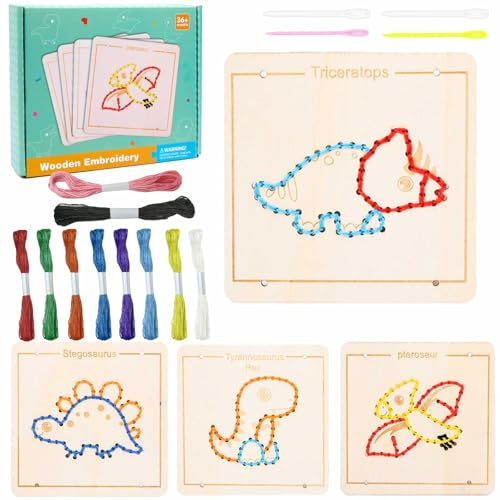 Felicify Giocattolo Montessori, Giocattoli in Legno Montessori, Giocattolo di Allacciatura in Legno, Puzzle di Ricamo per Bambini, Ricamo String Gioco, Giocattoli per Bambini 3+ (Dinosauro)