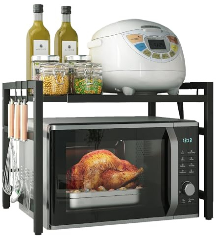 Braozaiw microwave shelf,2-Tier Expandable Microwave shelf stand With 6 Hocks, Pot Pan Grill Storage Racks Microwave Oven Rack, kitchen storage rack, Black