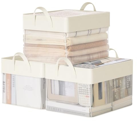 SONGMICS Storage Bins Set of 3, Medium Fabric Storage Baskets, Foldable Organiser with Transparent Nylon Mesh, 40 x 30 x 25 cm, Handles, for Bedroom, Living Room, Cream White RFB940W01