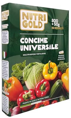 NutriGold® concime Universale | Fertilizzante per Aromatiche e tutti Ortaggi - Formula Bilanciata con Azoto, Fosforo e Potassio - Nutrizione 100% Naturale a Km0 - Formato Solido da 800g + 50g Omaggio