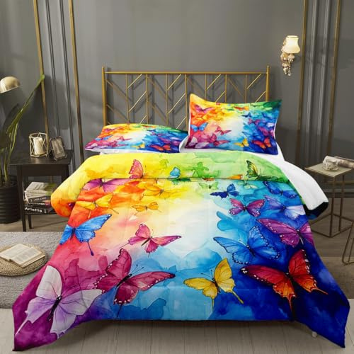 YUTNSAN Bettwäsche Bunt Schmetterling 135x200cm Mädchen 2 Teilig Kinderbettwäsche Set Colorful Butterfly Thema Mikrofaser Modern Bettbezug mit Kissenbezug 80x80cm