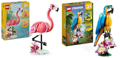 LEGO Creator 3en1 Animaux Sauvages : Jouet Flamant Rose - Se transforme en Figurine Perroquet Cacatoès ou Axolotl + Animaux Exotiques 3en1 : Perroquet à Grenouille à Poisson 31170 + 31136