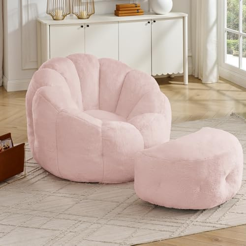Mofolit Flower Bean Bag Chair with Ottoman for Adults,Large Beanbag Chair with Artificial Rabbit Fur Fabric,Floor Sofa for Living Room,Reading Room and Apartment. (Pink)