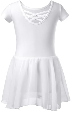 DGSHIRLDJO Kinder Ballettkleidung Mädchen Kurzarm Baumwolle Ballettkleid Balletttrikot Tanzkleid Tanzbody mit Chiffon Rock Tütü (DE/NL/SE/PL, Numerisch, 130, Regular, weiß)