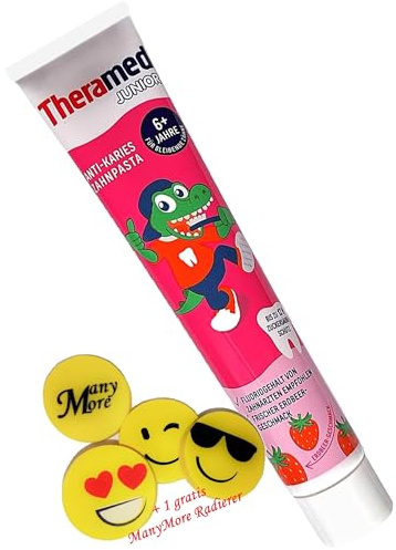 Thera_med Junior Erdbeere Kinder-Zahnpasta 75 ml ֍ ab 6 Jahren ► OHNE Minze & Menthol ◄ Junior Zahncreme Erdbeer-Geschmack + 1 Gratis Radierer von ManyMore*