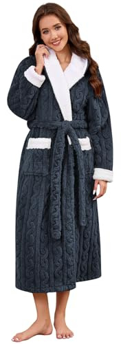 UMIPUBO Donna Accappatoio Lunga Vestaglia Invernale Morbido Pile Accappatoio con Cappuccio Calda Vestaglia da Camera Accappatoi con Cintura e 2 Tasche Loungewear per Piscina Casa Bagno (Grigio, L)
