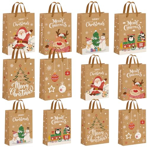 WUQNGI 12 Stück Geschenktüten Weihnachten, Groß/Klein Weihnachtstüten Papier Set Verschiedene Größen, Kraftpapier Papiertüten Weihnachten mit Henkel, Geschenkverpackung Weihnachts Tütne für Kinder