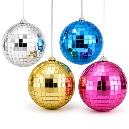 Youdepot 10 cm Disco Ball 4 Pack, Multi-Colour Hanging Mirror Balls with String, Glitter Ball Decorations for Christmas Tree, Wedding, Birthday Party, DJ Stage, Garden and Home Decor | with String, Reflective Disco Christmas Décor, Indoor & Outdoor Use, Holiday Parties, Perfect Christmas Disco Decorations