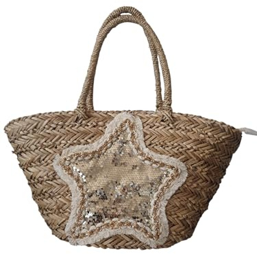 Genérico Bolso de Playa de Paja con Estrella de Lentejuelas, 56x30 cm, Hecho a Mano, Asas Largas, Cierre con Cremallera