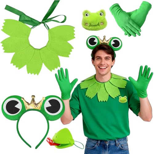 Moizkna Karneval Froschkönig Kostüm Erwachsene Damen Herren Set, Frosch Ohren Haarreif Schal Handschuhe mit Froschförmiger Brosche, Frosch Kostüm Herren Zubehör für Fasching Mottoparty