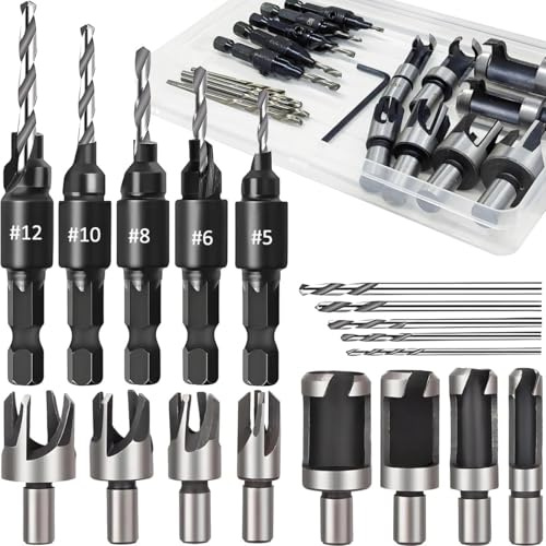 EATBALE Träpluggar skärarset Försänkande borrkronor (#5, #6, #8, #10, #12) 1/4 tum Hex Shank träplugg hålskärare kolstålsklo för träbearbetning