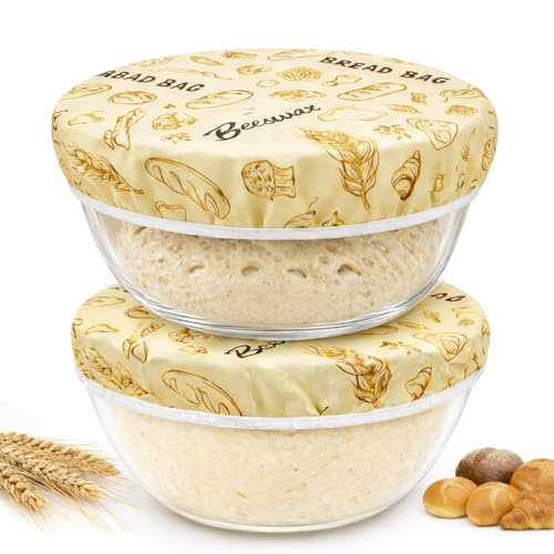 MIKIPLUM Reusable Beeswax Bowl Covers for Bread Proofing (2 Pack), Elastic Cotton Cloth Food Cover, 9 in Beeswax Bowl Covers for Salad Cover, Sourdough bowl cover & Mixing Containers