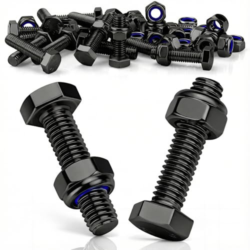 mawmuaw M8x20mm Tornillos 12 Piezas Tornillo M8 Acero Inoxidable 304 DIN 933 Hexágono Exterior Negro con Tuercas Autoblocantes para Máquinas Automóviles Muebles