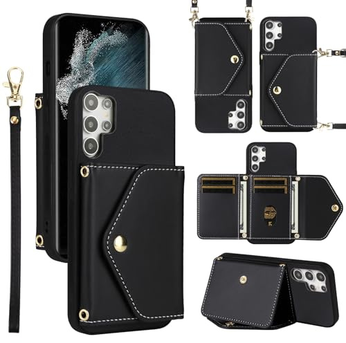 Wallet Case for Samsung Galaxy S21 Ultra 5G Kickstand Women Men Black | Wrist Strap Shoulder Strap, PU Leather Card Slots Purse, Accessories Cell Phone Cover for S21ultra 21S S 21 21ultra G5