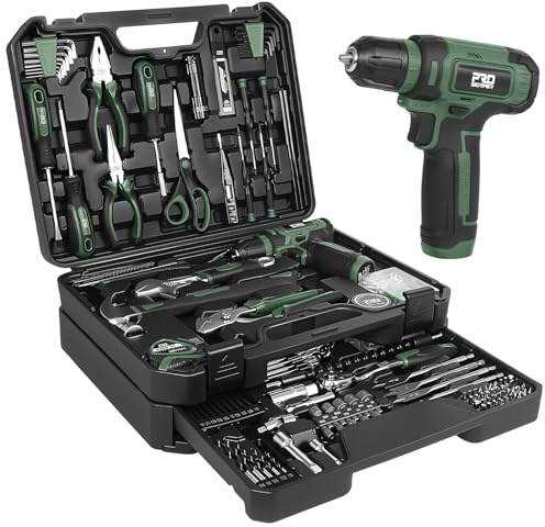 Prostormer Tool Set with 8V Cordless Drill, 369-Piece Home Tool Kit with Drill Driver, Toolbox Storage Case with Drawer, General Household Tools for Home Repairs and DIY, Handyman (Green)