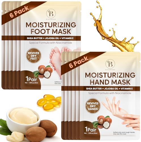 BLOOMORA Moisturizing Hand & Foot Mask Set with Shea Butter, Jojoba Oil & Vitamin E, Foot Mask for Dry Cracked Feet & Hand Moisturizer Gloves, 6 Hydrating Socks, 6 Moisturizing Gloves (6 pairs each)