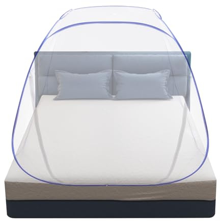 Pop Up Moskitonetz Bett, 360° Vollschutz Betthimmel mit Unterseite, 3 Türen Doppelreißverschluss, Faltbar Tragbar, Polyester & Stahl, Blau, 200x180x145cm
