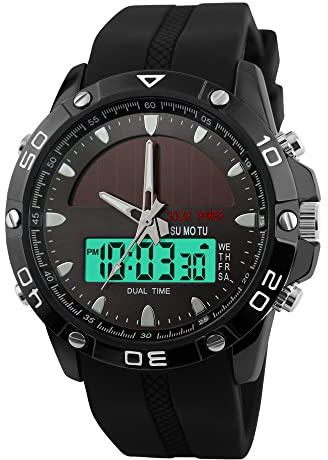 FeiWen Herren Outdoor Solar Digital Uhren Edelstahl Wählscheiben mit Kautschuk Band 50M Wasserdicht Analog Quarz LED Doppelte Zeit Multifunktional Sport Armbanduhren, Schwarz