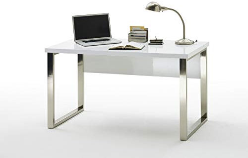 PEGANE Bureau Coloris laqué Blanc Brillant avec piètement métal chromé - L140 x H76 x P70 cm