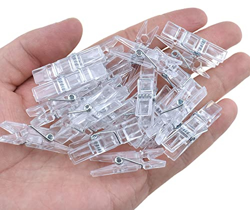 HAHIYO 1.38in Plastic Mini Transparent Clothespins Good Clarity Clips Strong Sturdy Firm Hold Clamp Tight Easy Use No Pin Hole on Fabric for Hanging Photos Postcards Memos Baby Shower Paper Line 50PCS