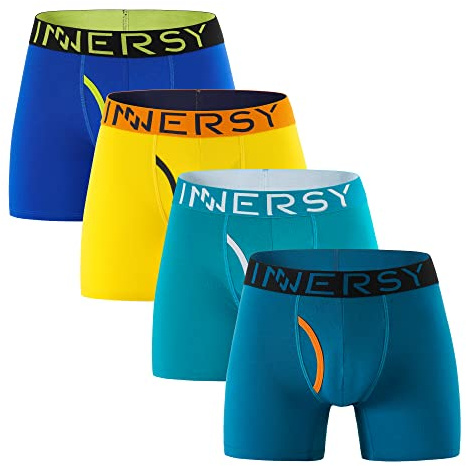 INNERSY Underbyxor herr bomull boxershorts herr långa retroshorts underkläder med gylf, 4-pack, Blå/grön/isblå/gul, M
