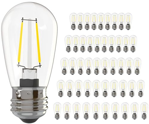 Banord 50 Pack Dimmable 2W S14 Replacement LED Bulbs, 2700K Warm White Waterproof Outdoor String Lights, Vintage Filament, Shatterproof E26 Screw Base Edison Light Bulbs