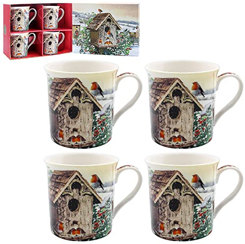 lesser and pavey Christmas Robins Set of 4 Boxed Fine China Mugs