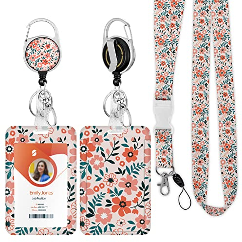 ID Badge Holder mit Lanyard, einziehbare ID Badge Card Holders Abnehmbare Hals Lanyard Strap mit Badge Reel und vertikale ID-Halter für Krankenschwester Studenten (Flower Pink)