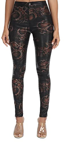 Womens High Waisted Faux Leather Pants PU Coated Legging Jeans (057-golden Snake,9)