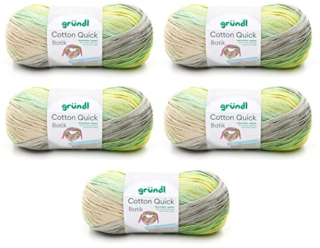 Gründl Ull Cotton Quick Batik stickgarn/virkgarn (garn med färggradient av 100% bomull, OEKO-TEX certifierad, 100 g/260 m, nåltjocklek: 3–4, 5 x 100 g), natur-turkos-gul-grön