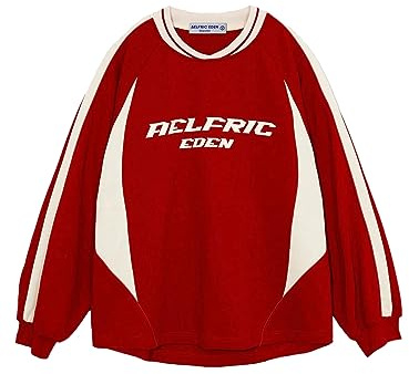 Aelfric Eden Damen Oversized Sweatshirt Ohne Kapuze Herren Vintage Raglan Patchwork Streifen Langarmshirt mit Logodruck Rot, M