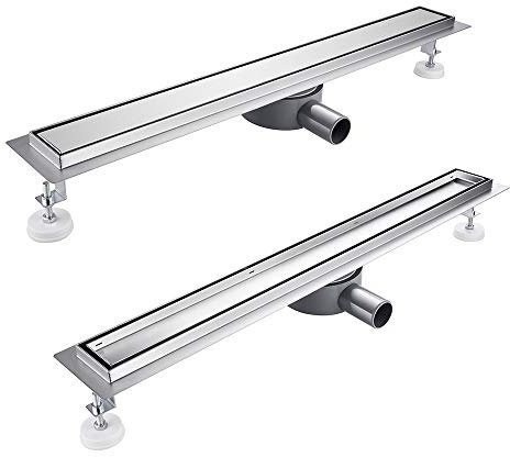 Kasloglow Caniveau de douche 60 cm - Kit complet - Caniveau de douche carrelé extra plat avec tamis à cheveux, anti-odeurs et siphon rotatif à 360° - Longueur 50-120 cm