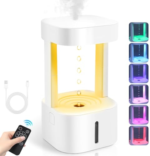 ConBlom Anti Schwerkraft Luftbefeuchter mit Fernbedienung, 580 ml Wassertropfen-Luftbefeuchter-Diffusor, 7 Farben LED-Leuchten, Mini-leiser Raumbefeuchter für Zuhause, Büro, Zimmer, Kinderzimmer, Weiß
