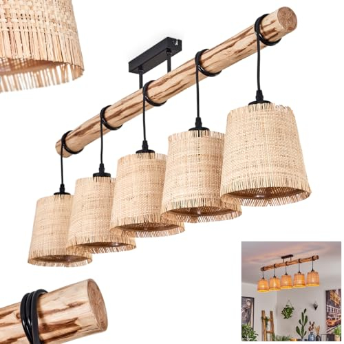 HOFSTEIN Deckenleuchte Soungou, verstellbare Deckenlampe aus Metall/Holz/Bast in Schwarz/Natur/Beige, Leuchte im Boho/skandinavischen Design m. Holzstab, max. 80cm, 5xE27, Wohnzimmer, Esszimmer, Küche