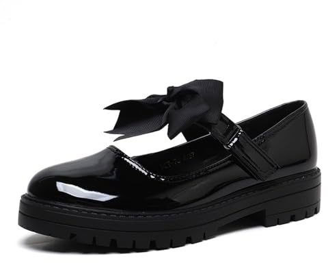 Girls Patent Black Mary Jane with Detachable Bow On Strap - Kids Back to School Comfortable Anti-Slip Flat Shoes (Black Patent, UK Footwear Size System, Big Kid, Women, Numeric, Medium, 6)