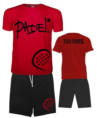 Vestipassioni PADEL Set mit Namen, T-Shirt und Shorts, Rot, 5 Größen erhältlich, für Wettkampf und Training